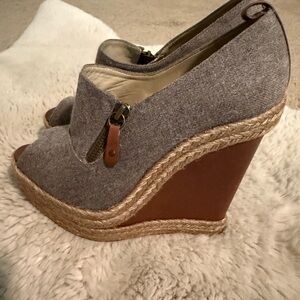 Christian Louboutin Gray and Brown Espadrille Wedge Peep-Toe Shoes